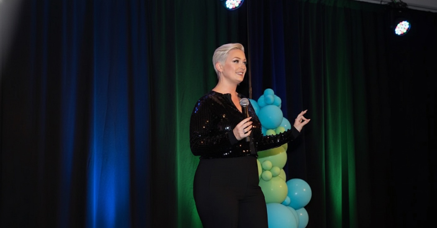 Tress Larson speaking on stage